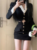 Winter Elegant Blazer Skirt Set Outfits Black Fashion 2 Piece Set Office Lady Y2k Crop Tops Slim Mini Skirt Woman Korean