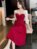 Nukty Satin Luxury Elegant Dress for Wedding Women Spring Autumn Long Sleeve Bodycon Dress Korean Vintage Party Dress