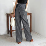 Nukty business casual outfits Women's Striped Cotton Linen Wide-leg Pants Fashion Pockets High-waisted Retro Trousers Casual Streetwear Elegant Office Clothes