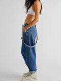 Nukty Blue Denim Overalls Jumpsuit Rompers Women Belted Hole Hollow Out E-girl Casual Work Pants Hot Y2k Jeans Long Pants Streetwear