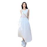 Nukty Summer Square Collar Embroider White Dress Women Elegant Party Solid Drawstring Female Sundress Fashion Chic Midi Dresses