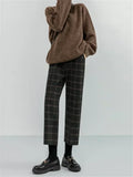 Nukty New Autumn Winter Woolen Plaid Women Formal Straight Pants High Waist Ankle-Length Chic Loose Ladies Pants Pocket