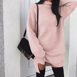 Nukty Fleece High Neck Side Slit Casual Long Sleeve Sweatshirt Short Dress Woman Dress Autumn Winter All-match Simple Basic Sportwear