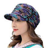 Nukty Women Hat Short Brim Warm Foldable Earflap Women Cap Ethnic Style Floral Print Autumn Winter Hat Daily Clothing Turban Visor