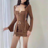 Nukty Vintage Chic Knitted Brown Skinny Mini Women Dresses Drawstring Corset Elegant Party Dress Flare Sleeve Slim Outfits