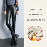 Nukty Autumn Winter Velvet Thick Warm Leather Pants Women Elastic PU High Waist Leggings Black Casual Slimming Fleece Trousers