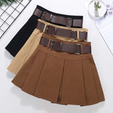 Nukty Brown Belted Mini Skirt Low Waisted Pleated Skirt with Belt Women Academia Aesthetic Vintage Outfit