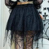 Nukty Gothic Black Mesh Fringed Mini Skirt Women Spider Web Lace Irregular Dark Skirts Pleated Y2K Grunge Halloween Party Clothes