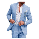 Nukty Light Blue/Beige Linen Wedding Men Suit Casual Single Breasted Slim Fit Blazer Pants High Quality Summer 2 Piece Costume Homme