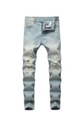 Nukty Men's Jeans Solid Faded Ripped Frayed Denim Jeans Mid-waist Slim Fitted Pants Ankle-length Zipper Trousers with Pocket