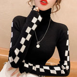 Nukty Knitted Women's Autumn Winter New Korean Version Temperament Versatile Long-sleeved TopTurtleneck Plaid Undershirt Sweater