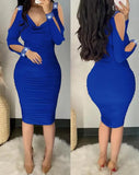 Nukty Sexy Rhinestone Decor Cold Shoulder Ruched Bodycon Long Sleeve Dress Midi Skinny Party women's dresses