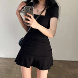 Nukty Ruched Black Dress Women Square Collar Short Sleeve Slim Mini Dress Summer Korean Fashion Folds Ruffles Bodycon Sundress