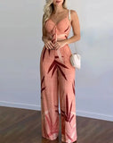 Nukty Summer New Women's Suit Sexy Sleeveless Backless Womens Outfits Leaf Print Crop Top & Wide Leg Pants Set Long Pants 2 Piece Sets