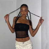 Nukty Mesh Corset Black Y2K Tops Women Transparent Crop Top Stretch Tube Top Sexy Cami Tops Summer Streetwear