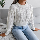 Nukty Crop Cable Knit White Sweater Long Sleeve Crew Neck Pullover Women Jumper Soft Girls Autumn Winter  Thick & Warm Knitwear