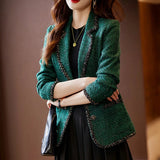 Nukty Autumn Winter Ladies Casual Blazer Women Black Green Beige Plaid Jacket Female Long Sleeve Single Breasted Slim Coat