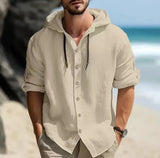 Nukty Summer Men's Linen Shirt Solid Streetwear Long Sleeve Hoodie Cardigan Clothing For Men Button Tops Casual Loose Men Hooded Shirt