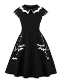 Nukty Bat Embroidery Halloween Costumes Party Vintage Dresses for Women Cap Sleeve Keyhole Front Cotton Retro A Line Dress