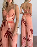 Nukty Summer New Women's Suit Sexy Sleeveless Backless Womens Outfits Leaf Print Crop Top & Wide Leg Pants Set Long Pants 2 Piece Sets