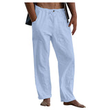 Nukty New Men's Cotton Linen Pants Summer Solid Color Breathable Linen Trousers Summer elastic waist drawstring loose pants