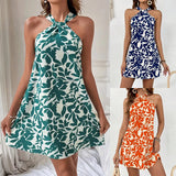 2024 Summer Women's Dress SKinny Sexy Backless SLeeveless ruffled hanging dress floral prints Button Embellished Female Vestidos