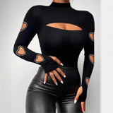 Nukty New Women Slim Fit Top Stylish Autumn Winter Sexy Blouse Mock Neck Bodycon Hollow Long Sleeve Tee Shirt With Stitching Beads