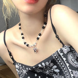 Nukty Gothic Vintage Y2K Red Glass Heart Star Cross Pendant Pearl Bead Necklace For Women Men Aesthetic 90s Grunge Accessories Jewelry