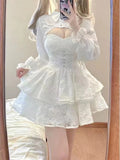 Nukty Japanese Kawaii Lolita Dress Women Elegant Sweet Lace Ruffles White Strap Dresses Sexy Korean Fashion Birthday Party Fairy Dress