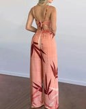 Nukty Summer New Women's Suit Sexy Sleeveless Backless Womens Outfits Leaf Print Crop Top & Wide Leg Pants Set Long Pants 2 Piece Sets