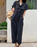 Nukty Women Summer Jumpsuit Lapel Solid Color Short Sleeved Dungarees Femme Fashion Causal Elegant Rompers Work OL Pant