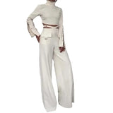 Nukty Women Pant Set Work Two Piece Sets Turtleneck Full Sleeve Tops Sexy Wide Leg Long Pants Loose Casual Elegant Matching Sets