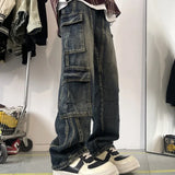 Nukty Men's Patchwork Blue Cargo Jeans Unisex Straight Casual Trousers Men Muti-pockets Hip Hop Streetwear 90s Vintage Fashion Pants