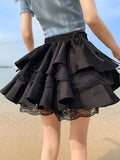 Nukty Black Patchwork Lace Short Women Cake Skirt With Lace Up High Waist Preppy Style Cute Ball Gown Kawaii Skirts Girls