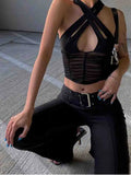 Y2K Sexy Hollow Women Halter Tank Tops Sleeveless Ruched Patchwork Mesh Camisole Clubwear Fashion Solid Vest Outfit