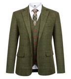 Nukty fashion suits for men 3 Piece Green Woolen Plaid Men Suits Slim Fit Wedding Groom Tuxedo Notch Lapel Business Party Set Costume Homme Jacket Vest Pant