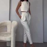 Nukty Vest Tops Two Piece Sets Women Pants Set Round Neck Sleeveless White Button High Waist Wide Leg Long Pants Slim Fit Elegant