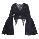 Nukty Dark Lace See Through Mall Gothic Women T-shirts Emo Sexy Grunge Aesthetic Flare Sleeve Crop Tops Y2k Black V-neck Alt Tees