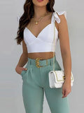 Nukty Solid Ruffles Backless Knotted Crop Tops & Pocket Design Belted Pants Set Casual Women Two Piece Set Outfits