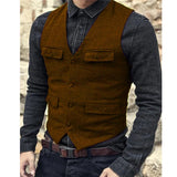 Nukty Suit Vest Brown Burgundy Herringbone Wool Tweed Vintage Steampunk Waistcoat Formal Business Vests for Men Wedding