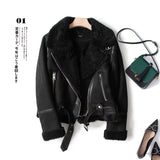 Nukty Women Faux Fur Lambwool Coat Suede Jackets with Belts Casual Thick Warm Biker Jackets Zipper Oversize Leather Windbreaker