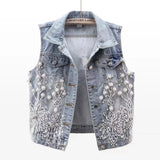 Nukty Fashion Lace Beaded Denim Vest Women Cardigan 2024 New Spring  Sleeveless Jacket Fashion Loose Vintage Jeans Waistcoat Tide