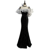 Nukty Sparkling Black Satin Mermaid Evening Dress with Spaghetti Strap Organza Ruffled Slim Fitting Sexy Leg Split Prom Gown