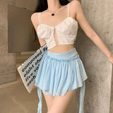 Nukty Ruffle Mini Skirt Women Chiffon Patchwork Ribbon Blue High Waist Fairycore Tulle Skirt Shorts Cute Sexy Skort Summer