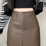Nukty Vintage Coffee Black Long Skirt for Women Casual Back Split Pu Leather Skirts Ladies Autumn Winter High Waist A-Line Skirt
