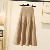 Nukty Women Autumn Winter Loose A-Line Midi Skirt Casual Elegant Office Lady Skirt Trendy All-Match Basic Skirt Solid Pleat Knit Skirt