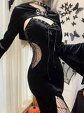 Nukty Bandage Gothic Elegant Women High Split Dresses Lace Side Transprent Grunge Midi Dress Flare Sleeve Alt Crop Shrug Top