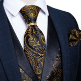 Nukty Brand Suit Vest Set For Men Luxury Silk Black Gold Paisley Dress Vest Tie Cufflinks Handkerchief Set Male Sleeveless Waistcoat