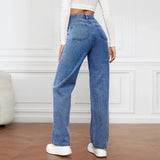 Nukty Denim Jeans Women Straight Pants Washing High Waist Loose Pockets Basics Ankle Length Y2k Blue Pants Streetwear Slight Strech