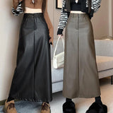 Vintage Coffee Black Long Skirt for Women Casual Back Split Pu Leather Skirts Ladies Autumn Winter High Waist A-Line Skirt